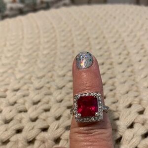 High end cocktail lab cushion cut Ruby square  4 ct , faux diamonds Ring size 5